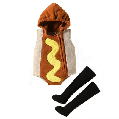 0-18M Infant Baby Hot Dog Costume Hooded Sleeveless Romper With Black Stockings - Image 1 of 4