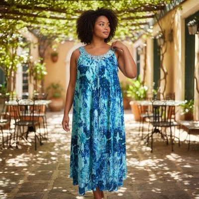 ROCKMANS Button Detailed Blue Green Chiffon Maxi Dress Size 16 - image 1 of 4