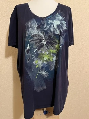 JMS 3X Navy V-Neck SS Floral Graphic 100% Cotton T-Shirt Clean No Stains - Image 1 of 4