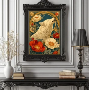 Art Nouveau White Wolf Poster – Floral Animal Wall Art, Botanical Illustration - Picture 1 of 10