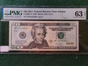 2013 $20 Federal Reserve "Star" Note PMG 63 EPQ (Atlanta, S/N Starts 12345) - Picture 1 of 2