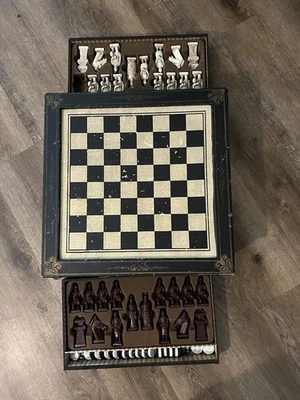 Juego de ajedrez chino asiático oriental de colección y damas cuero madera caja guerreros Foto 1 de 4