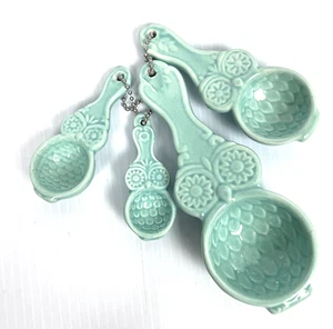 Set Of 4 Turquoise Green Owl Ceramic Measuring Spoons connected with chain - Bild 1 von 7
