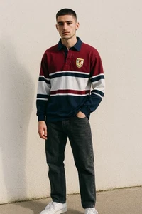 Vintage O’Neills Rugby Shirt, Small Irish Gaillimh Crest Navy Maroon Striped 90s - Picture 1 of 9