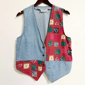 Vintage 80s Paris Sport Club Patchwork Denim Paisley Vest Blue Red Size M - Picture 1 of 7