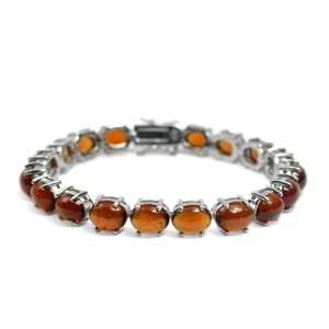 925 Sterling Silve Natural Hessonite Garnet Cabochon Gemstone Tennis Bracelet - Picture 1 of 8