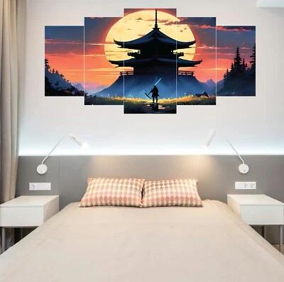 Impresión en lienzo de arte de pared de templo japonés de 5 paneles, escena de puesta de sol de silueta de guerrero,  Foto 1 de 4