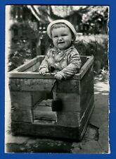 Child Beautiful Funny Baby in a Wooden Box Soviet era Vintage Photo