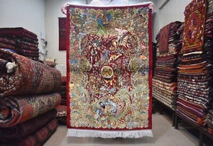 3x4 ft High Quality Silk Rug Red Hunting Design Pictorial Accent Rug 80 x 120 Cm - Zdjęcie 1 z 24