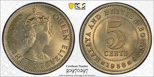 Malasia y Borneo británico 1958 5 centavos graduación profesional MS65 - GEMA. - Imagen 1 de 5
