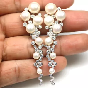 Perla Blanca & Circonita Cúbica Pendientes 925 Plata de Ley Bañado en Oro Blanco - Imagen 1 de 4