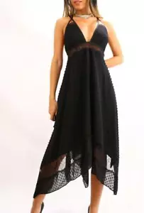 BEBE Hi Low Maxi Cocktail Dress Swiss Dot Lace Trim Bandage 0 2 4 6 NWT - Picture 1 of 1