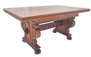 Antique 1930s Ornately Carved Oak Renaissance Revival Draw Leaf Dining Table - Picture 1 of 24