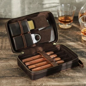 Genuine Leather Humidor Box 4 Cigar Storage Case Box Cigar Cutter Lighter Pocket - Picture 1 of 7