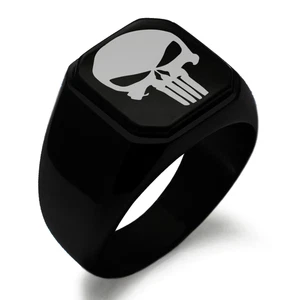 Edelstahlring The Punisher graviert quadratisch Flat Top Biker-Stil poliert - Bild 1 von 4