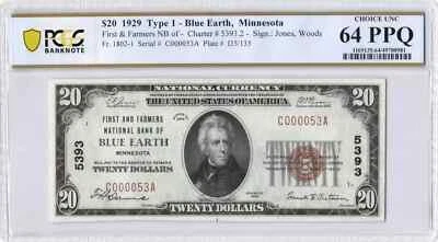 PCGS 64PPQ Ch. 5393 1929 $20 First and Farmers National Bank of Blue Earth, MN * - Image 1 of 2