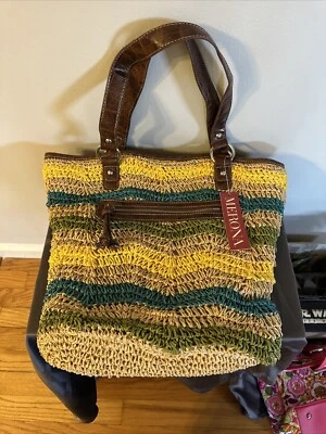 NWT Merona Target Straw Beach Tote Bag Purse yellow,green,teal,Tan - Image 1 of 4