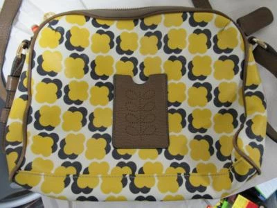 Cartera Bandolera Orla Kiely Bolsillo Punzonado Amarillo Negro Flotante Flor Cuero WOW Foto 1 de 4