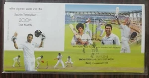 India 2013 Sachin Tendulkar Cricket deportes 200a prueba partido sábanas en miniatura FDC - Imagen 1 de 2