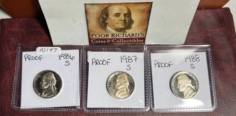 3 Different Jefferson Proof Nickels. As Pictured. 1986S, 87S, 88S. F/S! N143 Cover