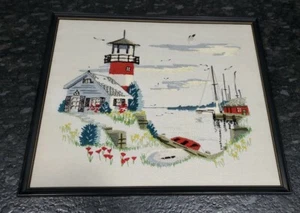 Large Framed Lighthouse Boat Seagull Flower Ocean Marina Crewel needle craft art - Picture 1 of 7