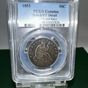 1853 Seated Liberty Half 50c Arrows & Rays PCGS VF Detail Holed Nice Coin Rare - Picture 1 of 9
