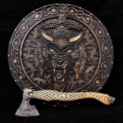 24" BATTLE-WORN Viking Shield, Fenrir Carved Viking Shield & axe set - Image 1 of 4