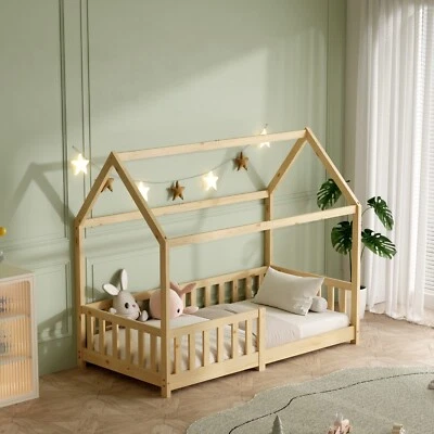 Cama infantil cama de casa protección contra caídas somier | 90x200 | 80x160 | Blanco | Natural - Imagen 1 de 2