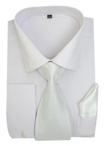 New Men's French Cuff Dress Shirt + Tie + Handkerchief Set Spread Collar SG27 - Picture 1 of 13