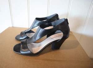 Diana Ferrari Size 7.5 Womens Black Leather Open Toe T Top Back Zip Block Heels - Picture 1 of 6
