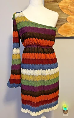 Judith March S? Retro Dress Boho Multi-Color Striped One Shoulder Balloon Sleeve - Image 1 of 4