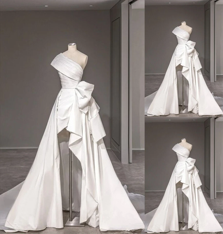 High-Low Elegant Wedding Dresses Satin One Shoulder White Ivory Bridal Gowns - Image 1 of 4
