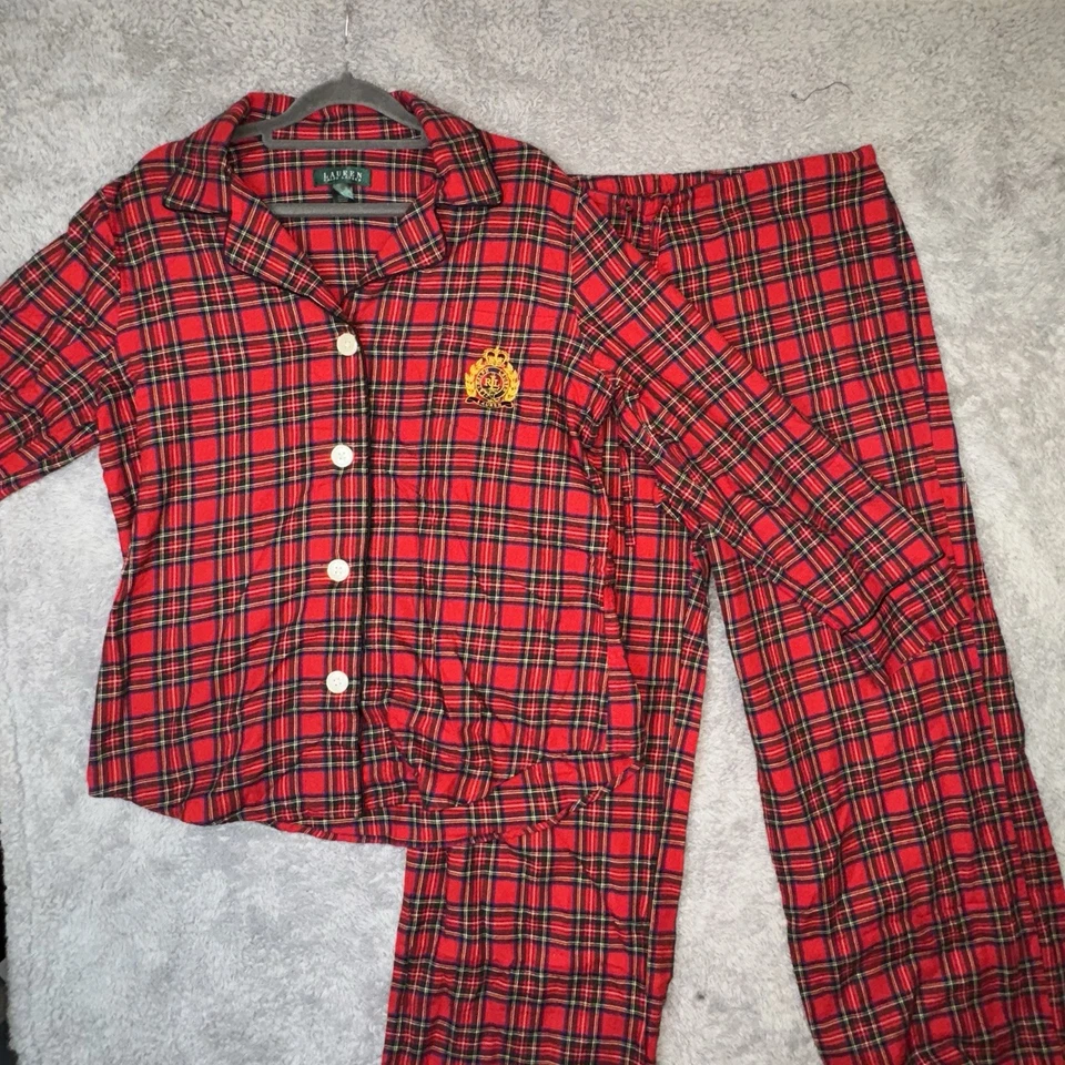 Conjunto de pijama de franela a cuadros Lauren Ralph Lauren Navidad rojo tartán talla L escudo RL Foto 1 de 4