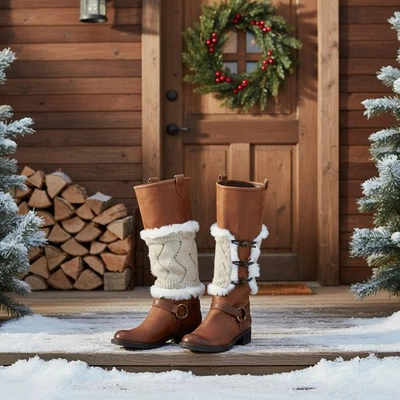 Mujeres Botas Cubierta Topper Par Calentador Invierno Beige Tela Sin Cordones Blanco Manguitos 2 Piezas Foto 1 de 4