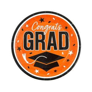 Fun Express 9" Graduation Party Orange Congrats Grad Round Paper Dinner Plates - - Picture 1 of 1