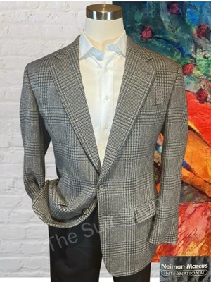 Vtg Neiman Marcus 44L Taupe Brown Turquoise Tweed Plaid Casual Blazer Sport Coat - Image 1 of 4