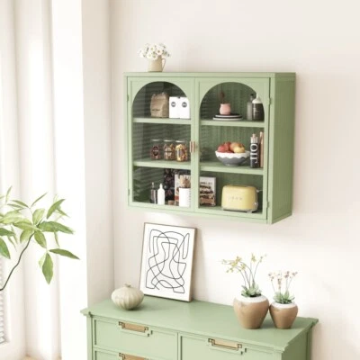 "Mueble de pared moderno verde de dos puertas 27,56"" con puertas de vidrio y almacenamiento de tres niveles" Foto 1 de 4