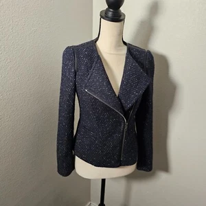 Ann Taylor blue tweed wool blend faux leather trim women's Zip Moto Jacket 0P - Picture 1 of 14