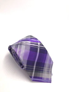 $115 Perry Ellis Men Purple White Black Check Neck Tie Casual Necktie 60x3.25 - Picture 1 of 4