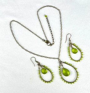 Necklace Pierced Hook Earrings Set Peridot Green Seed Beads and Faceted Drops - Picture 1 of 6