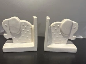 Set of 2 Small White Elephant Bookends Trunk Up Raised Dots 3.75" - Picture 1 of 7