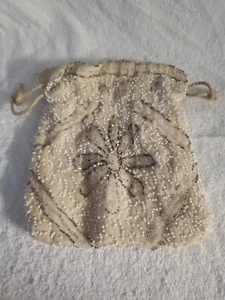 Antique White Glass Beaded Dark Bead Design Drawstring Purse, Evening Bag 6"×7" - Picture 1 of 8