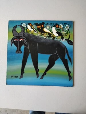 Mponda, Tanzania, Tinga Tinga, Painting on Board, Birds & Bison, Folk Art OOAK - Image 1 of 4
