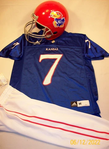 NCAA ADIDAS YOUTH MEDIUM #7 KANSAS JAYHAWKS FOOTBALL JERSEY HELMET UNIFORM Cover
