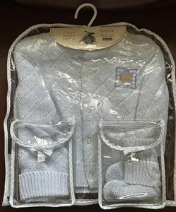 Baby Sweater Set Bright Future Baby Blue Hat Booties Hanger 6-9 Mos Vintage JCP - Picture 1 of 19
