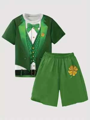 Juego de disfraces día de San Patricio. Conjunto de pantalones cortos y camiseta Green Hat Day para niño 9-10 años Foto 1 de 3