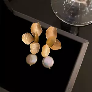 Natural Pearl Earrings for Women girls Vintage Golden Petals Flower Drop Jewelry - Picture 1 of 13