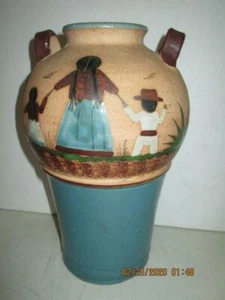 Folk Art Sandstone 11-1/2" Tall Pottery Vase W/Ears/Handles Tonala Signed Mexico - Picture 1 of 1