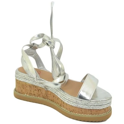 Zeppa donna argento sandalo basso comoda con fondo in spago allacciatura alla sc - Immagine 1 di 4