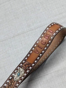 vintage WESTERN buckle belt 36 custom VICKI named TOOLED cowhide leather FLORAL - Picture 1 of 6
